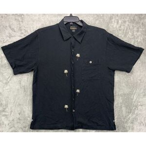 LUAU Men's Shirt Black Large 100% Silk Palm Tree Embroidered Camp Button Up‎